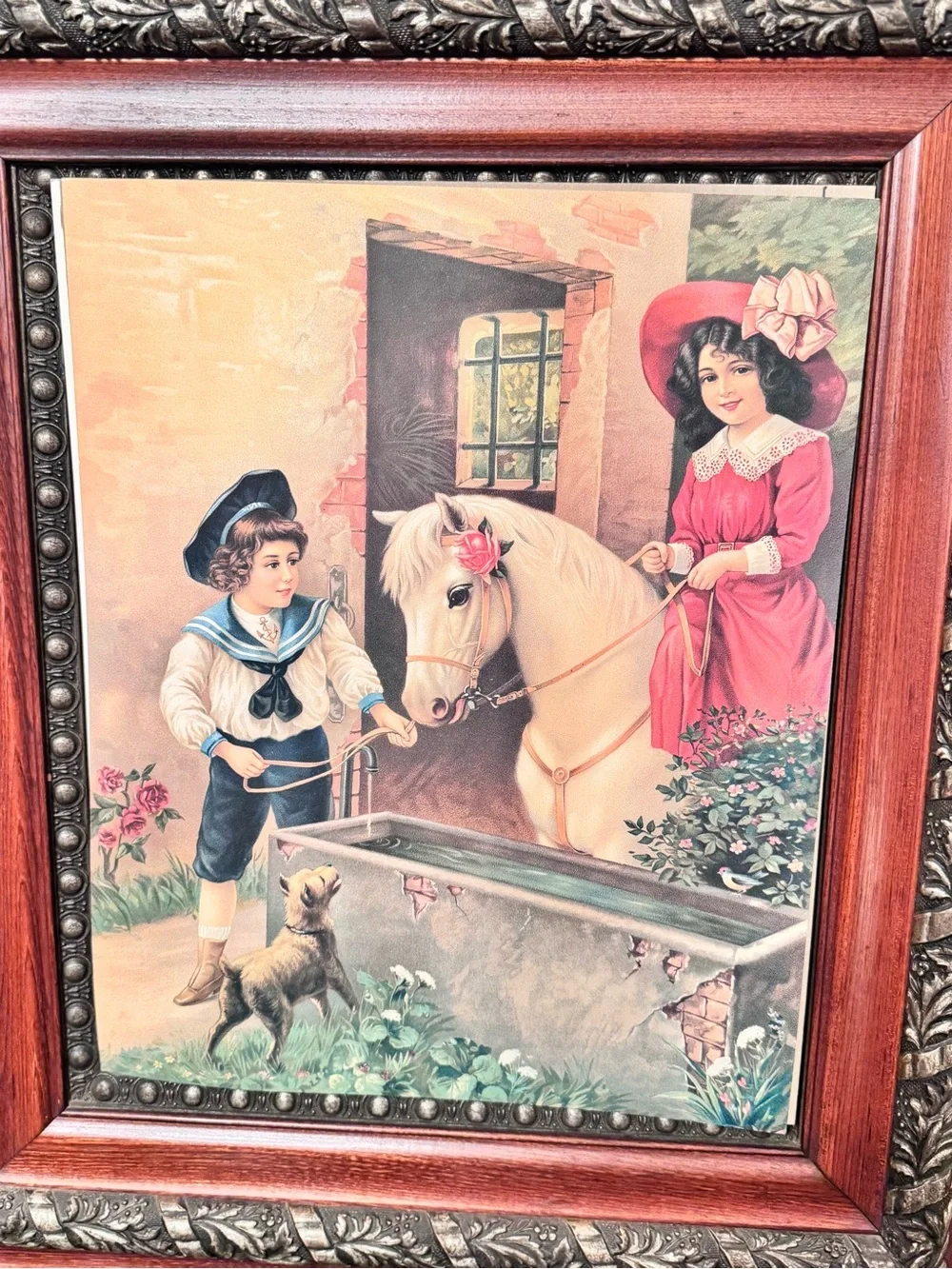 ANTIQUE GERMAN LITHOGRAPH POSTER PRINT / CHROMOLITHOGRAPH CHILDREN HORSE DOG